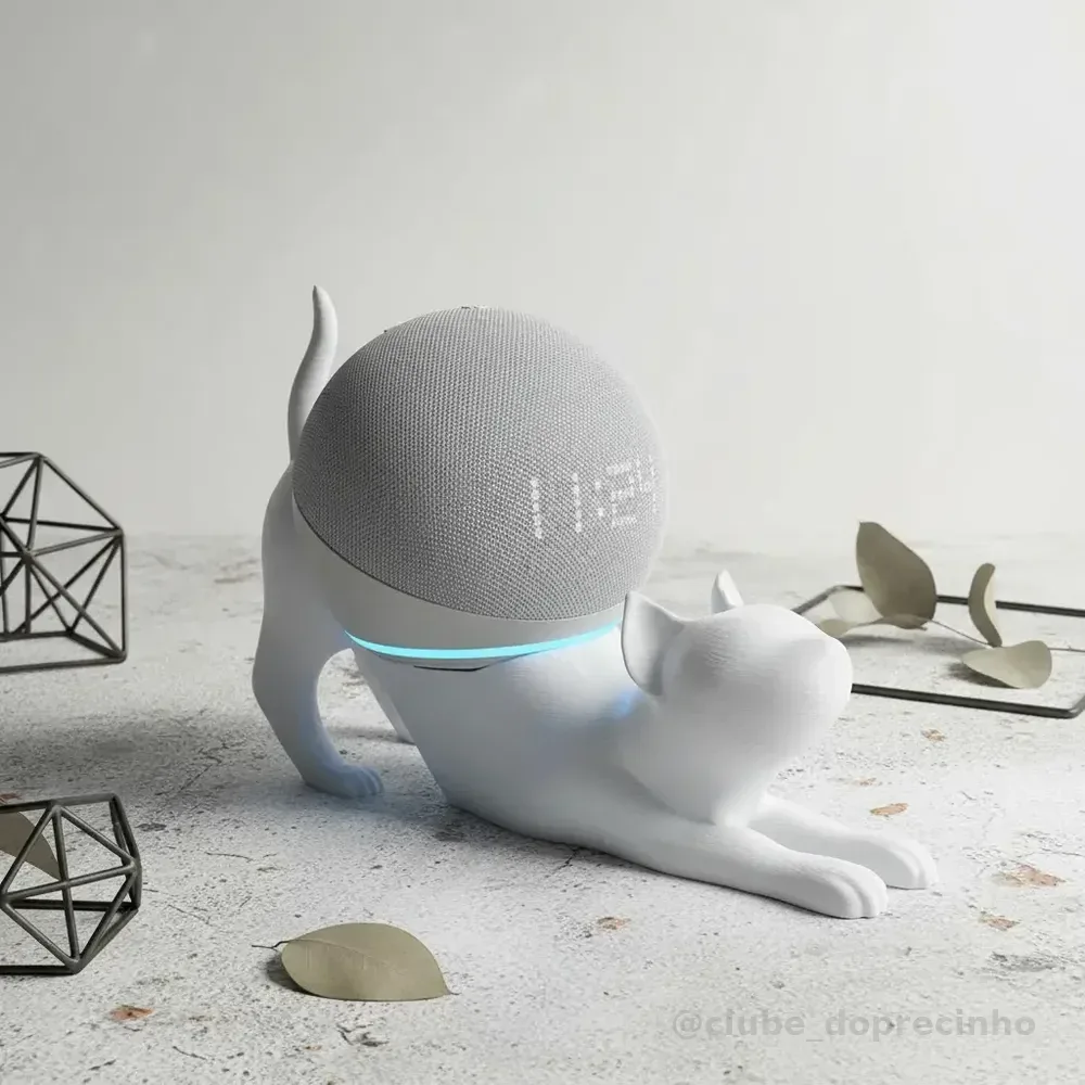 Suporte Alexa Echo Dot 4 E 5 Gato Preguiça Escultura Branco