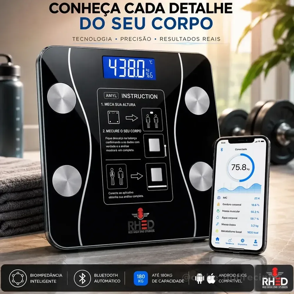Balança Digital Bioimpedância Profissional smart imc 180kg Bluetooth Corporal Aparelho Alta Capacidade aplicativo App para Android e para IOS Balança De Banheiro Academia