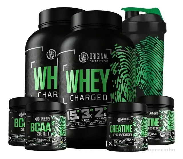 Kit 2x Whey Charged + 2x Creatina + 2x Bcaa + Shaker