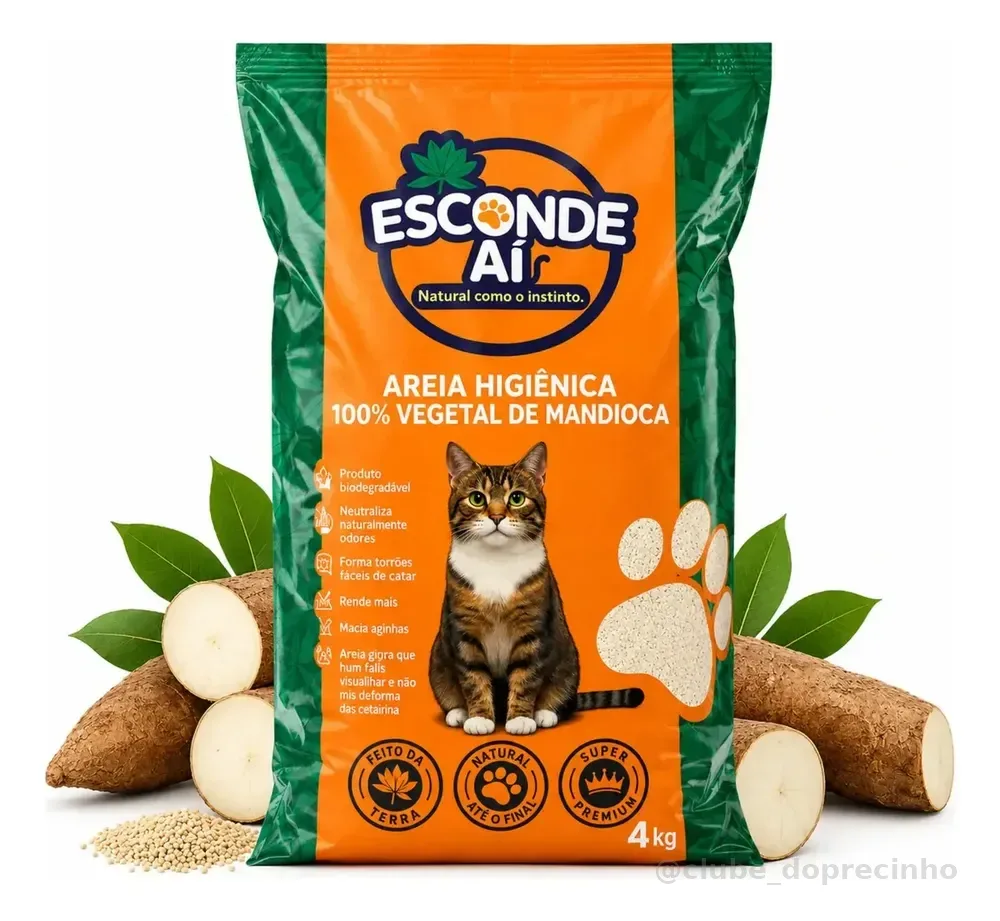 Areia Para Gatos Higiênica Mandioca Granulado Natural Biodegradável Sanitária Grãos Médios 4kg - Esconde Aí