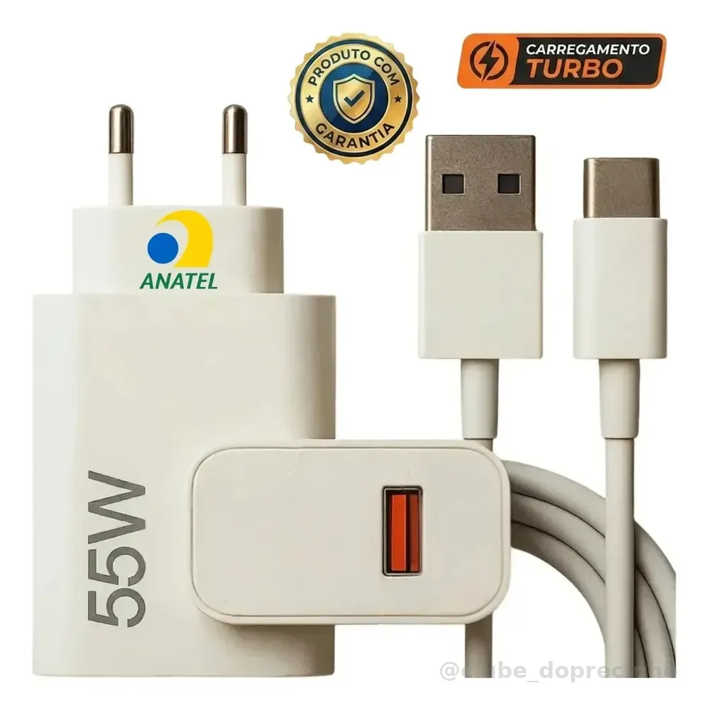 Carregador Turbo 55w USB-C Com Cabo Tipo C 1 Metro Fonte Bivolt 110v/220v, Carregamento Rápido Fast Charge, Ideal Para Celular Android, Compatível Com iPhone Samsung Motorola Xiaomi LG