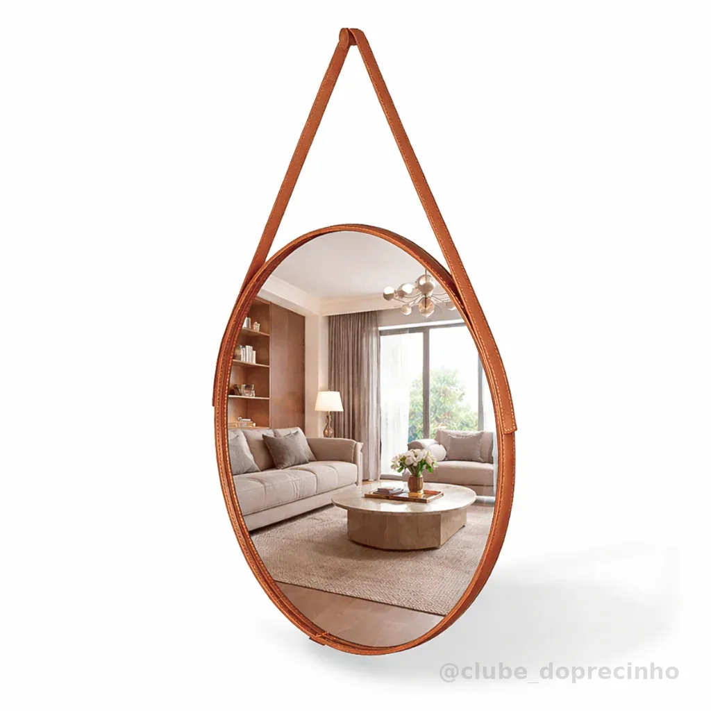 Espelho Redondo Decorativo Adnet Alça Couro Suporte 60cm Sala Quarto Banheiro