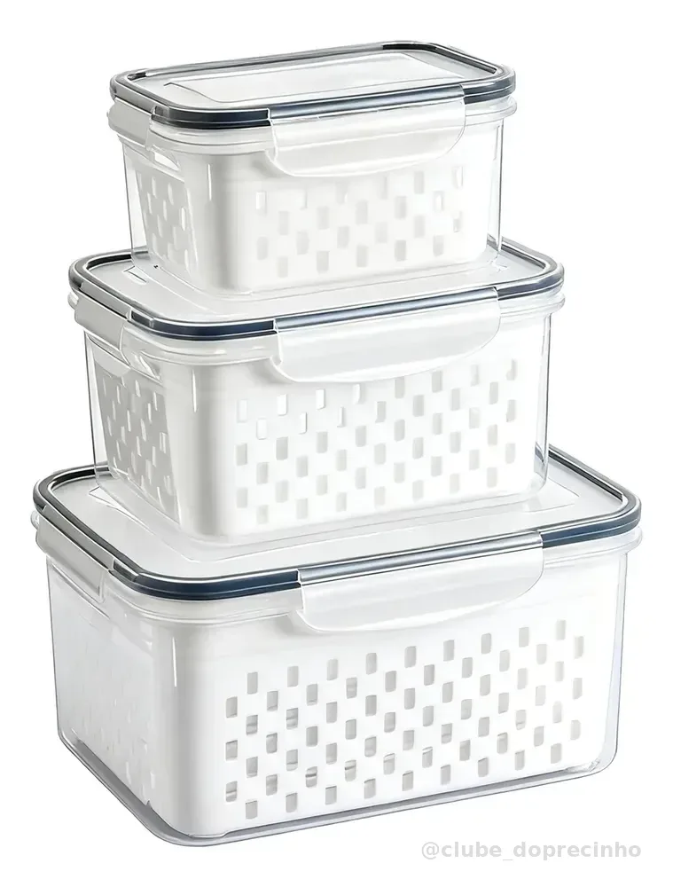 Kit 3 Organizadores Geladeira Alimentos Vegetais Com Tampas Branco