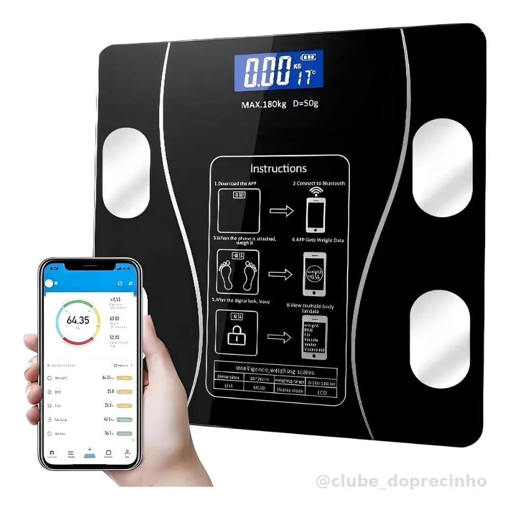 Balança Corporal Bioimpedância Inteligente Digital Aplicativo para Análise Corporal Medição de Gordura Peso Até 180kg