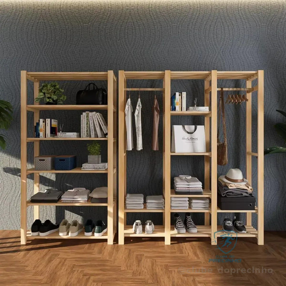 Kit Cabideiro Arara Sapateira E Estante Roupas Madeira Pinus