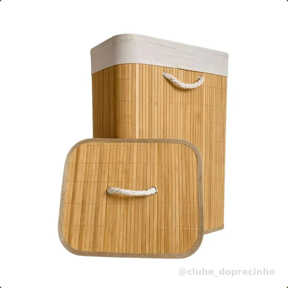 Cesto de Roupa Bambu Retangular de 72L com Tampa e Forro de Linho