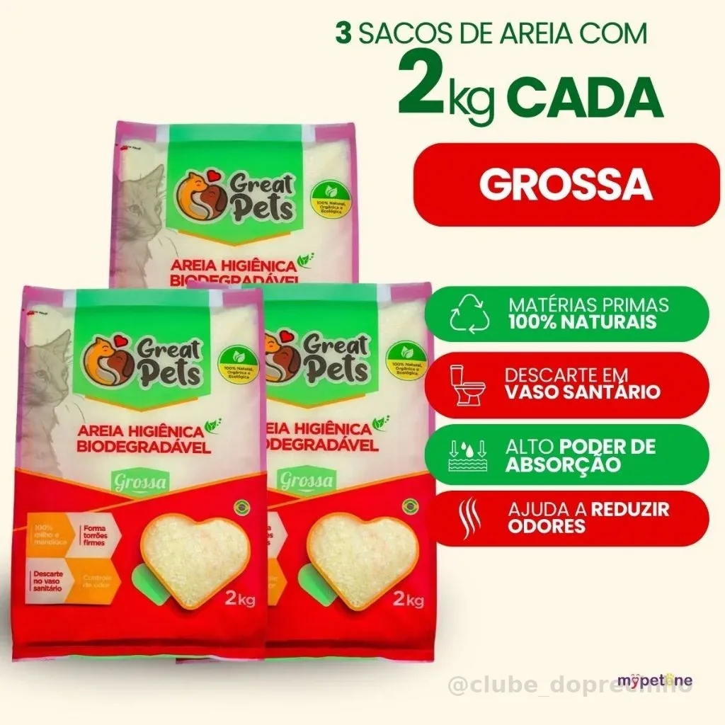 Kit 3 Areia Biodegradável Grossa 2 KG para Gatos - Great Pets