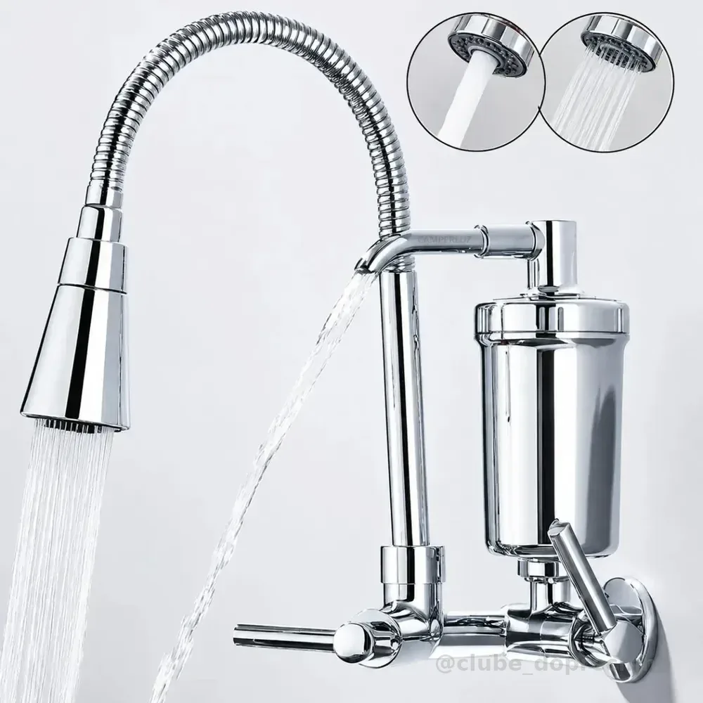 Torneira Gourmet Com Filtro Purificador de Água Flexível Pia Cozinha Bica De Parede 2 Jatos Cor Prateada Linha Premium - Marca Camperluz