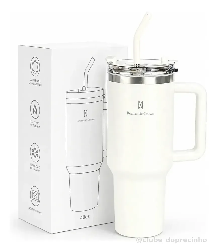 Copo Térmico Gigante 1,2l Inox Com Tampa E Inox Canudo Cor Branco Cor Pura / Material Fosco