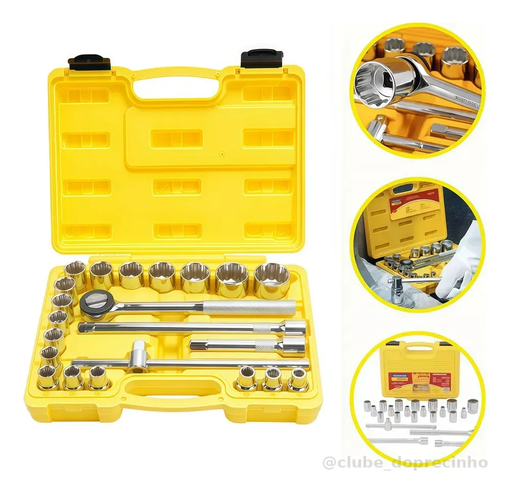 Jogo De Soquetes Estriados Encaixe 1/2'' 22 PeçasCor Cinza/amarelo