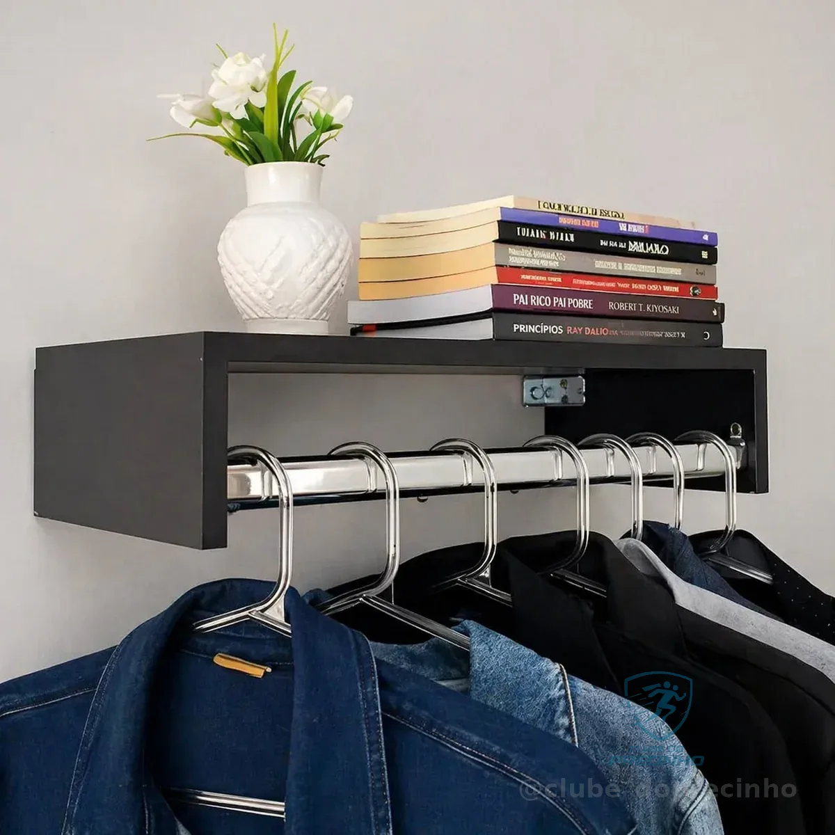 Cabideiro De Parede Arara Para Roupas Closet Aéreo Madeira Preto