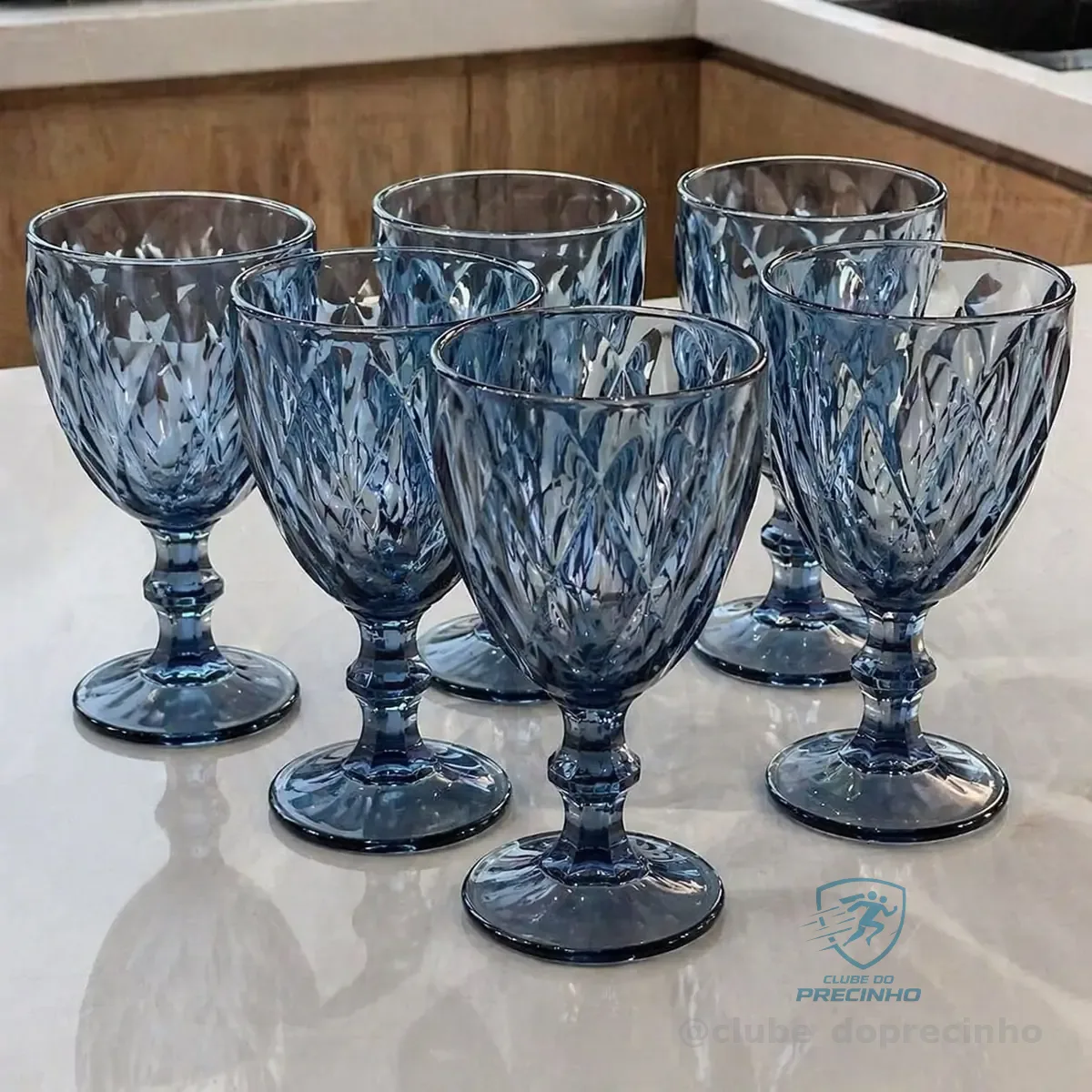 Jogo 6 Taças Diamante Vidro 330ml Copo Moderno Luxo Azul Diamante Lapidado Gostei!