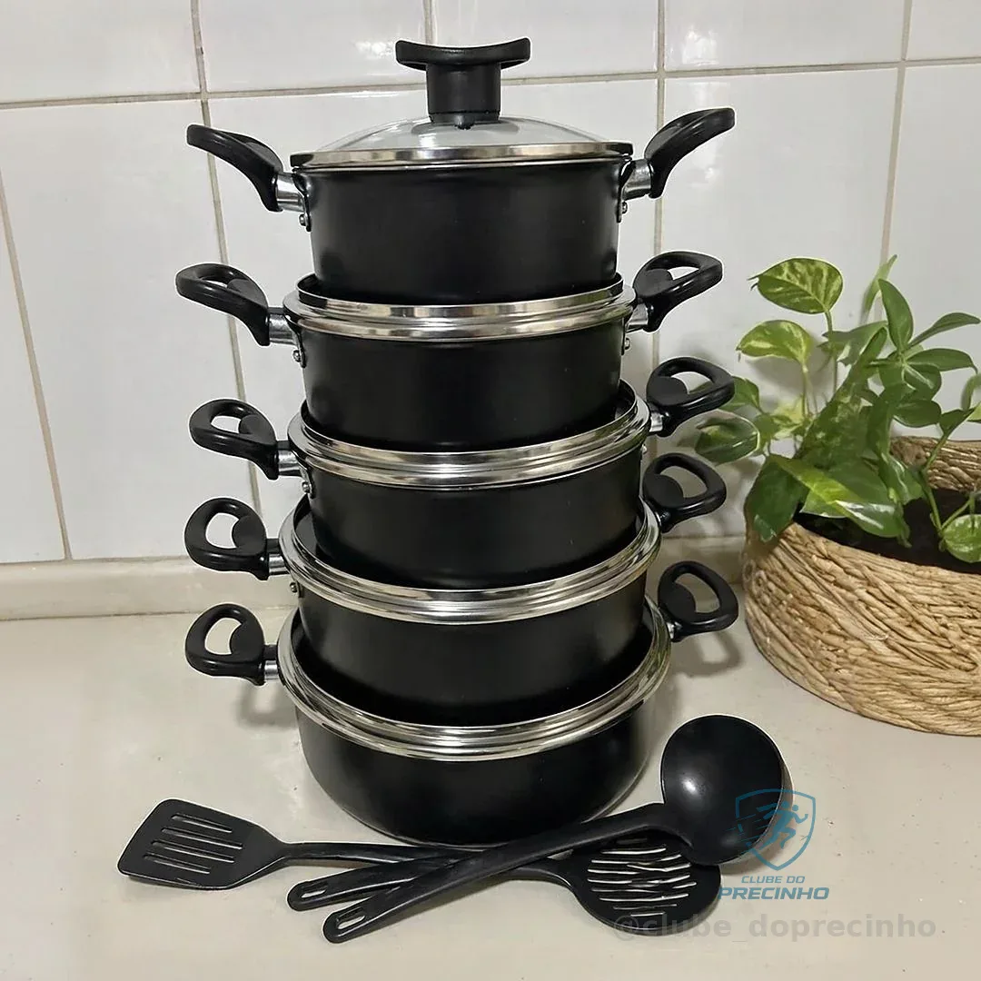 Jogo de Caçarolas 05 Peças Preto com Tampa de Vidro e Utensílios