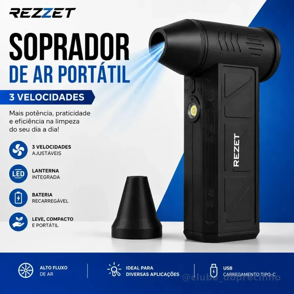 Soprador De Ar Portátil Mini Rezzet Brushless 3 Velocidades LED Recarregável USB-C Limpeza Teclado PC Câmera Automotiva