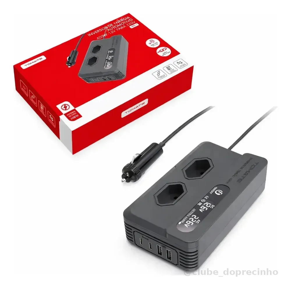 Inversor De Energia Automotivo Tomate MIN-6 400w 12v Para 110v Usb Tipo-c Onda Senoidal Modificada Indicador LED Botão Liga Desliga Saída USB Carregador Veicular