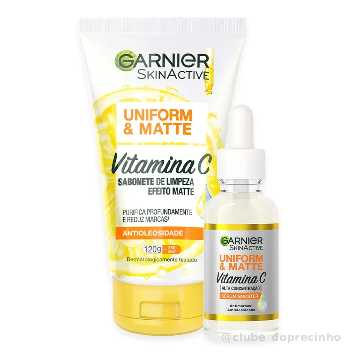 Garnier Uniform & Matte, Kit Skincare Creme de Limpeza Facial Vitamina C 120g e Sérum Booster Antimarcas 15ml, Efeito Peeling, Reduz Marcas e Oleosidade, Pele Uniforme e Hidratada
