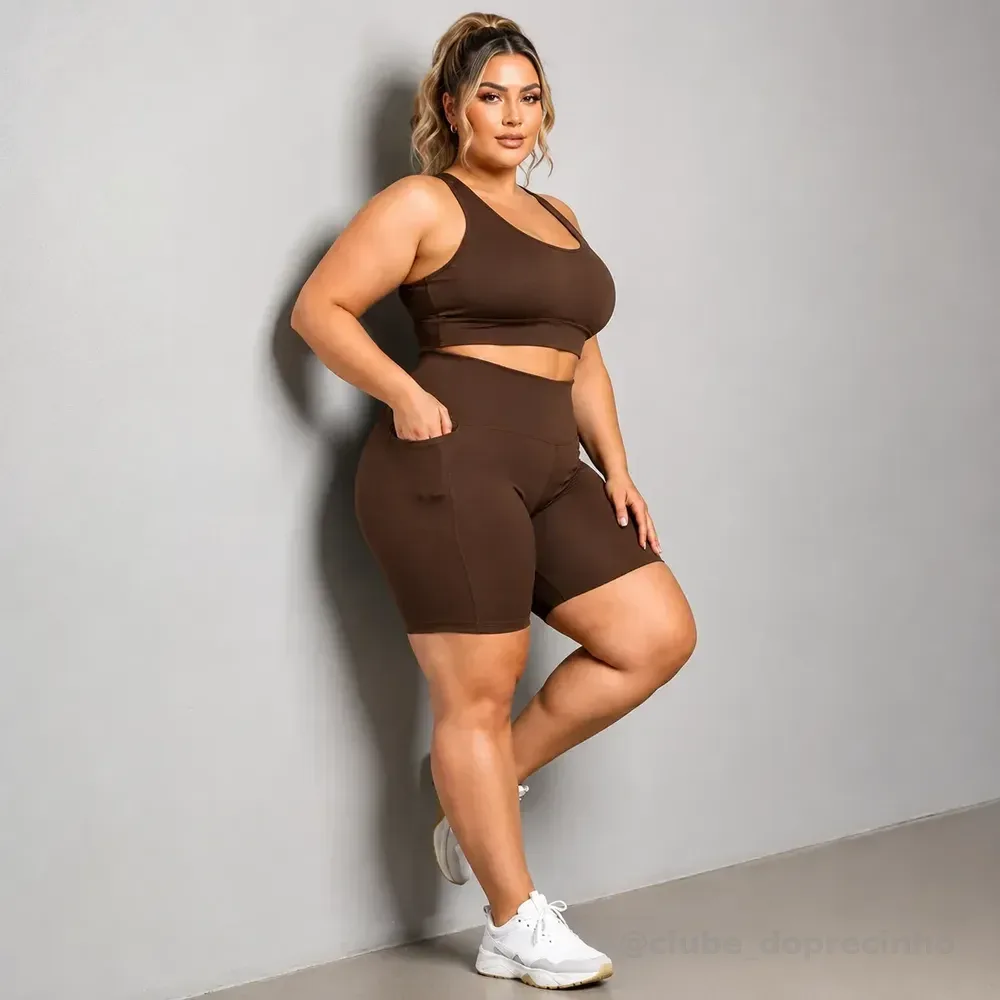 Conjunto Plus Size Kit Top E Bermuda Bolso Academia Fitness Marrom Lisa G4 52/54