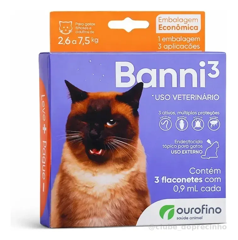 Antipulgas Sarna Vermifugo Gatos Banni Ourofino 2.6 A 7.5kg 3 Pipetas Cor Lilás