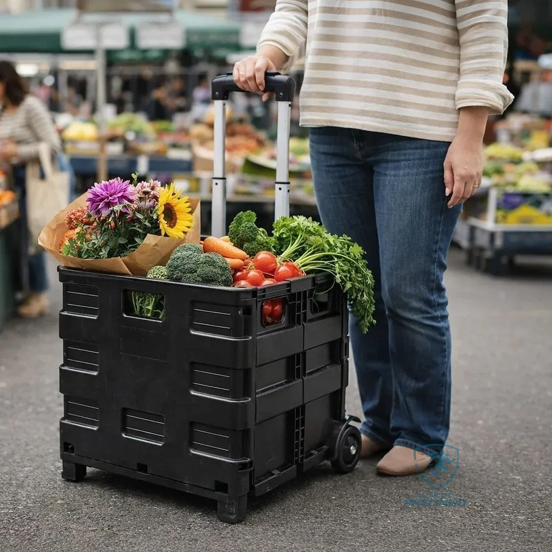 Carrinho Dobrável Multiuso Portátil Vira Maleta Cesto Feira 45 Litros Preto