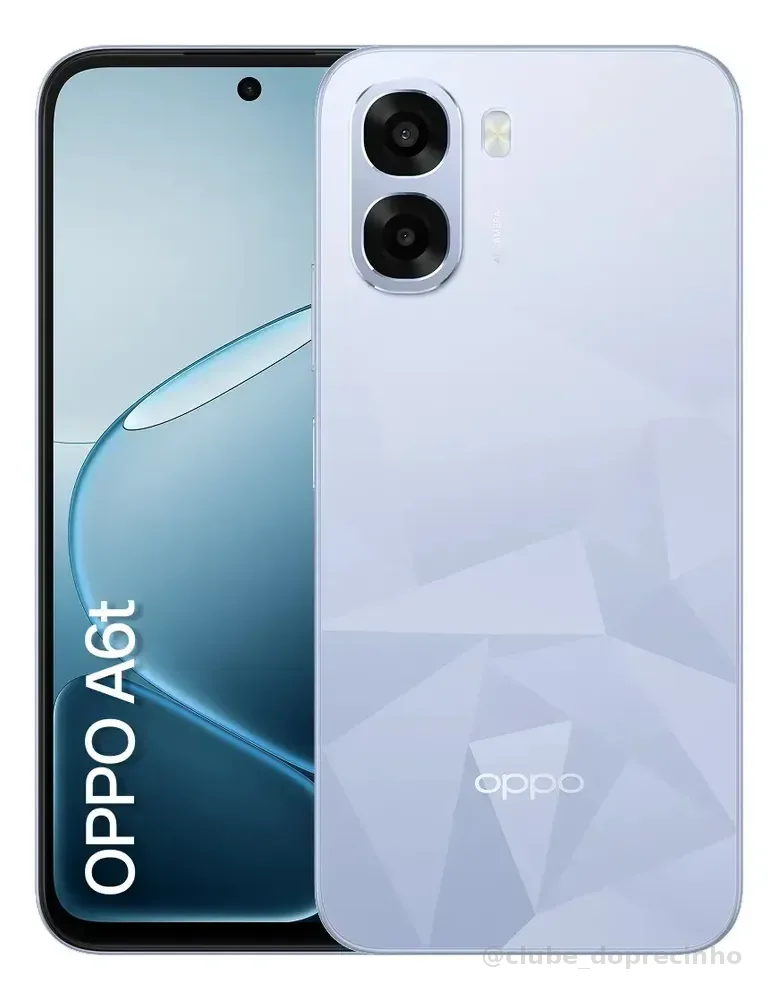 Smartphone Oppo A6t 5G 128gb, 12gb Ram (4gb + 8gb Virtual Ram), Bateria gigante de 6500 mAh, AI Câmera 50MP, Tela 120Hz, NFC, IP64 - Azul Cristal