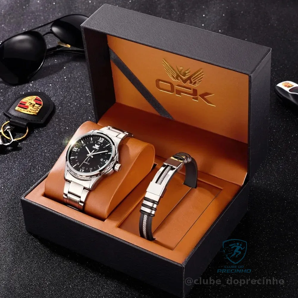 Opk Conjunto De Relógio E Pulseira Masculino Luxo 6003 Prateado Preto