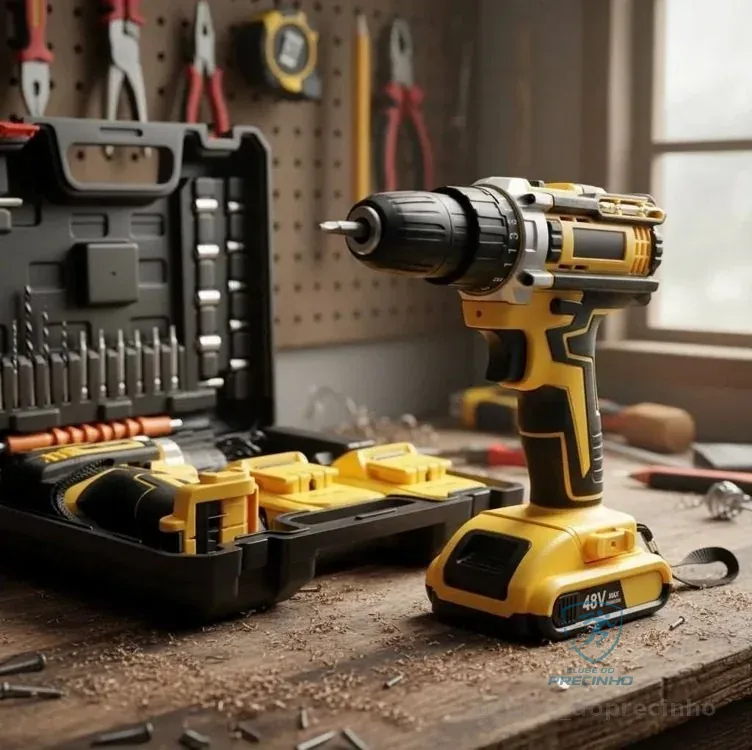 Furadeira e Parafusadeira de Impacto Sem Fio com LED 2 Baterias Recarregáveis Bi-volt e Acessórios Maleta Completa para Uso Profissional e Doméstico Linha Premium