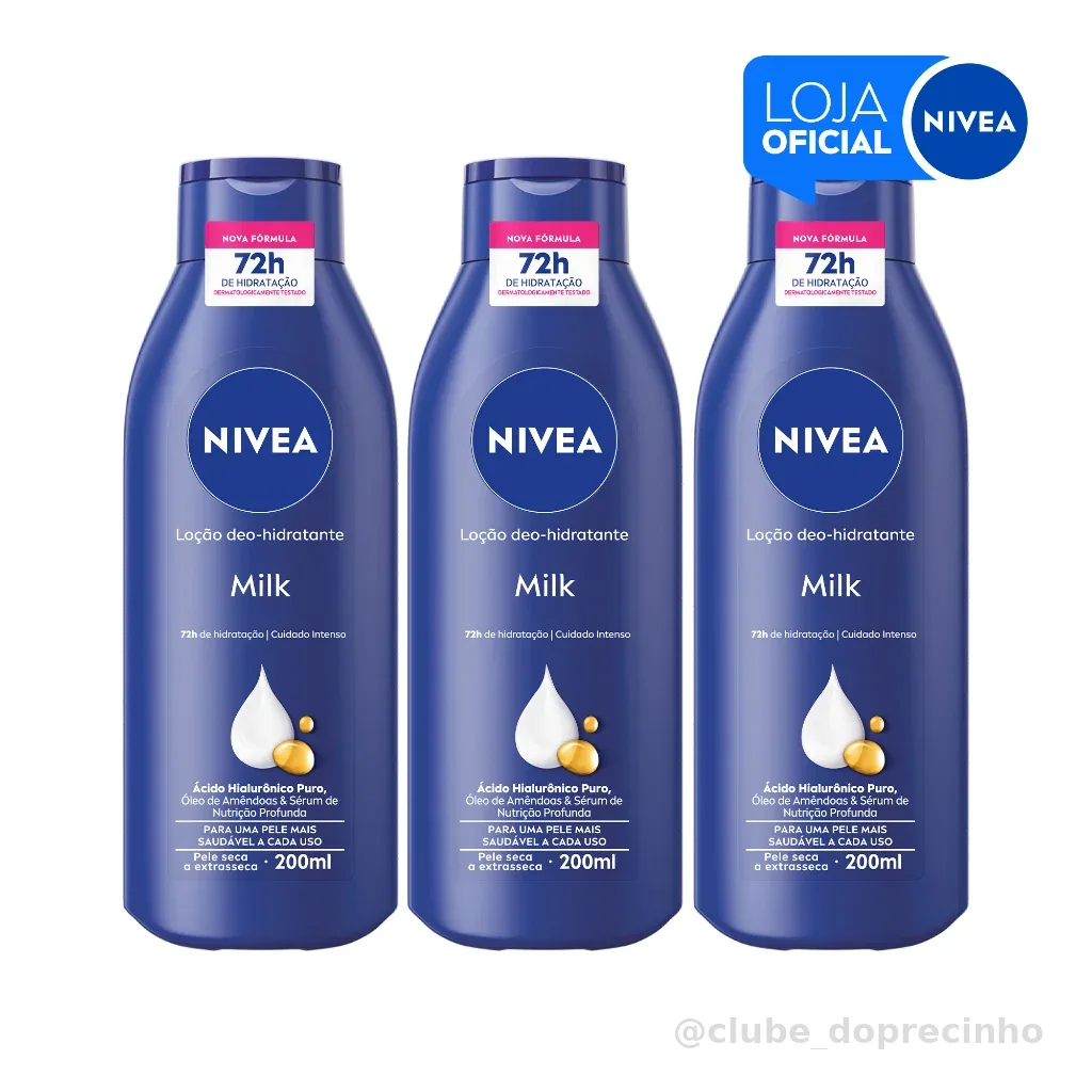 NIVEA Loção Hidratante Milk Pele Seca a Extrasseca 200ml - 3 Unidades