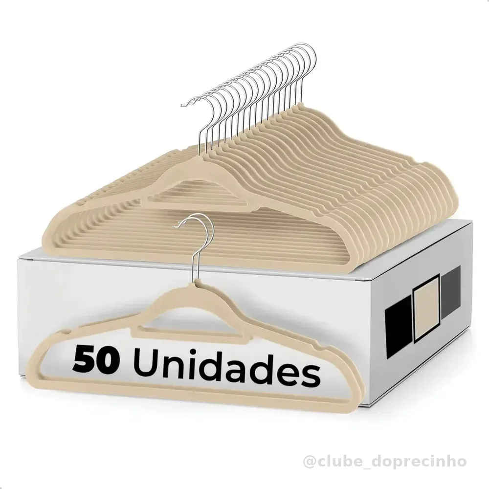 Vittak Kit 50 Cabides Veludo Adulto Slim Antideslizante Organizador Roupas Cor Bege