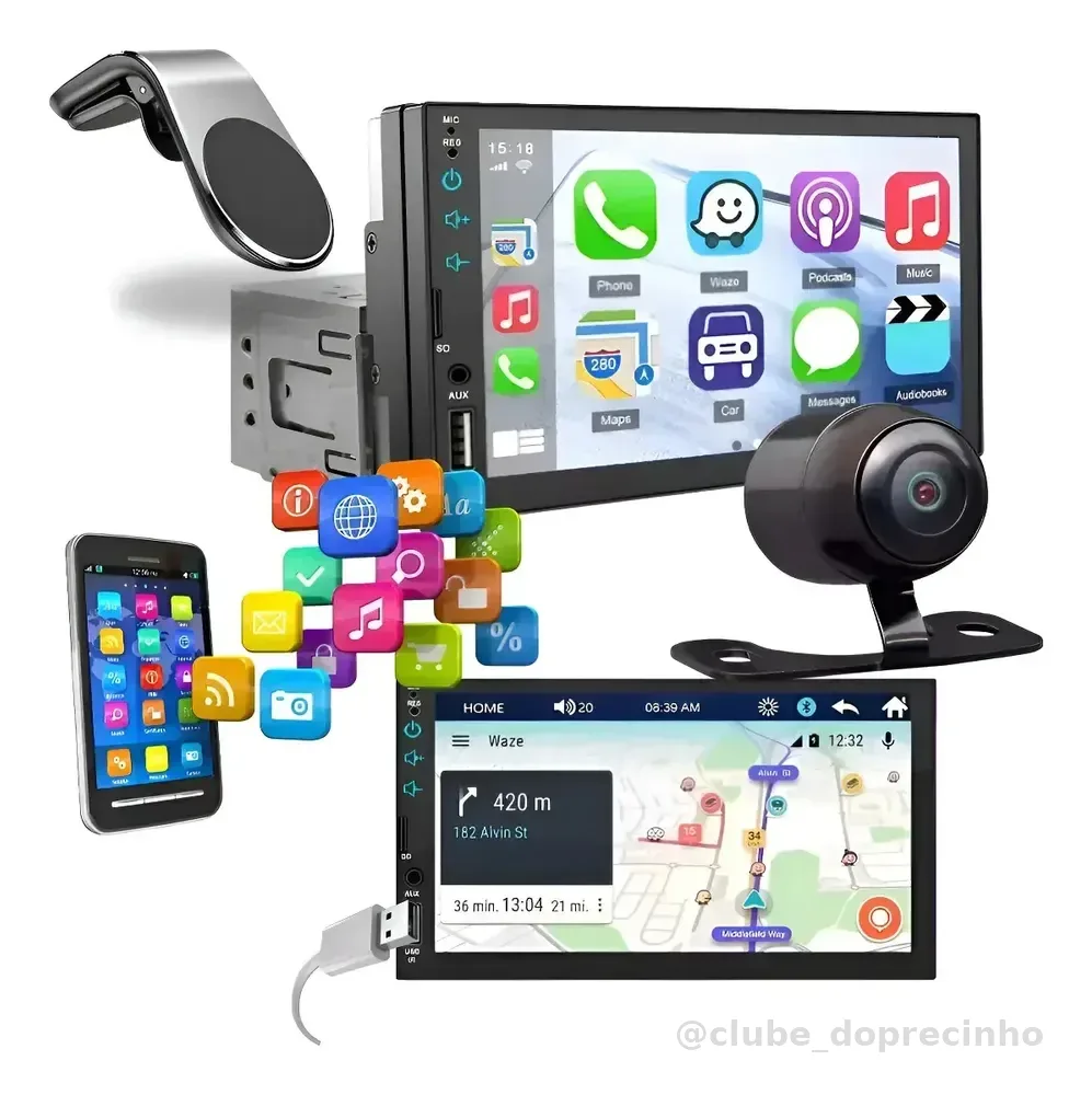 Universal Multimidia Mp5 Player Hd Touch 1 Din 7pol + Camera Kit Multimidia 1 Din