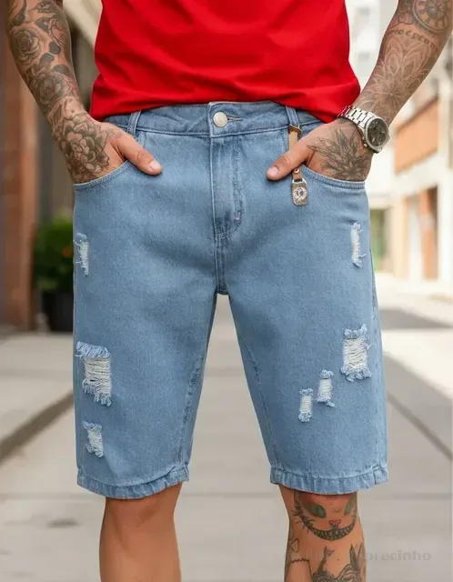Bermuda Masculina Jeans Rasgada Qualidade Premium De Fábrica