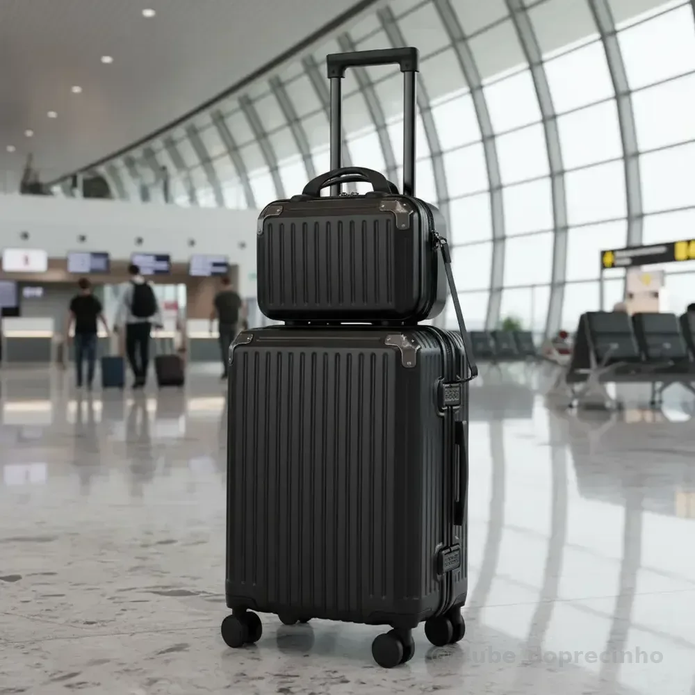 Mala De Viagem 10kg Promoção Rodas 360° Miami Com Frasqueira Preto Listras