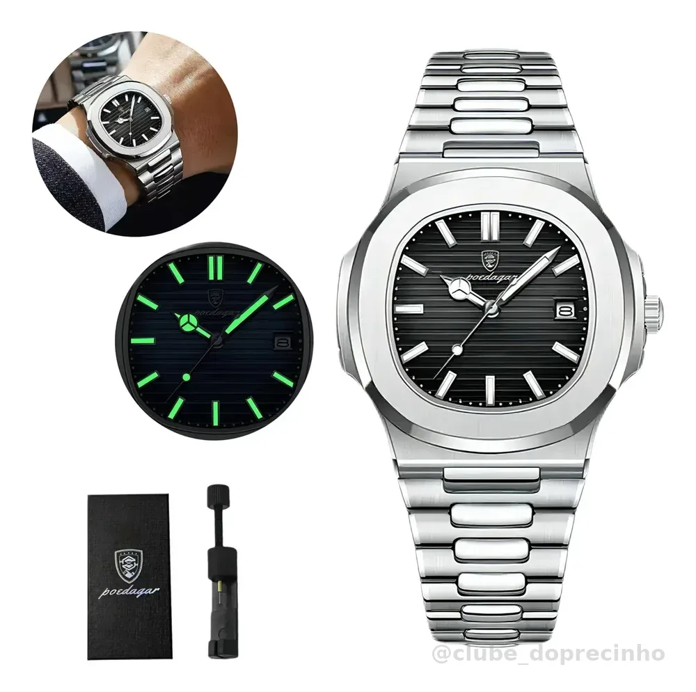 Relógio Luxo Masculino Poedagar Clássico Original Old Money Prateado Preto
