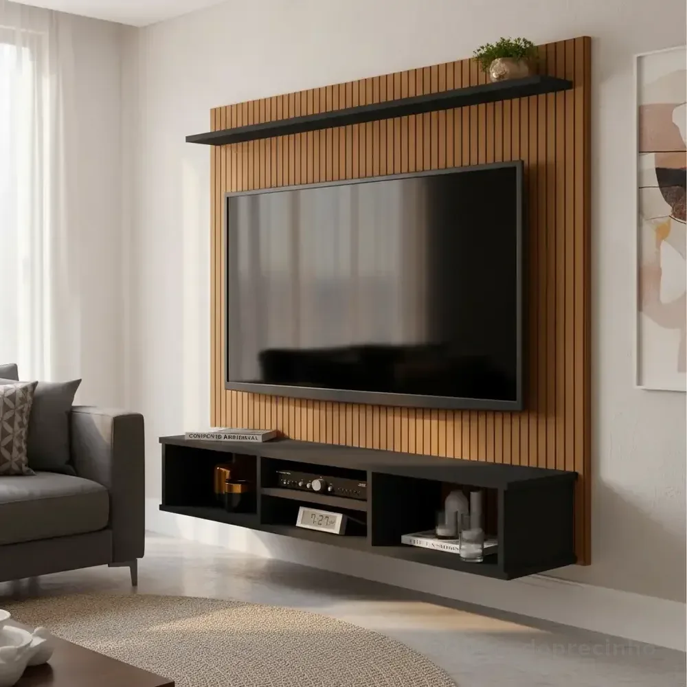 Painel TV Ripado Preto 3D com Nichos e Prateleira 50 Polegadas