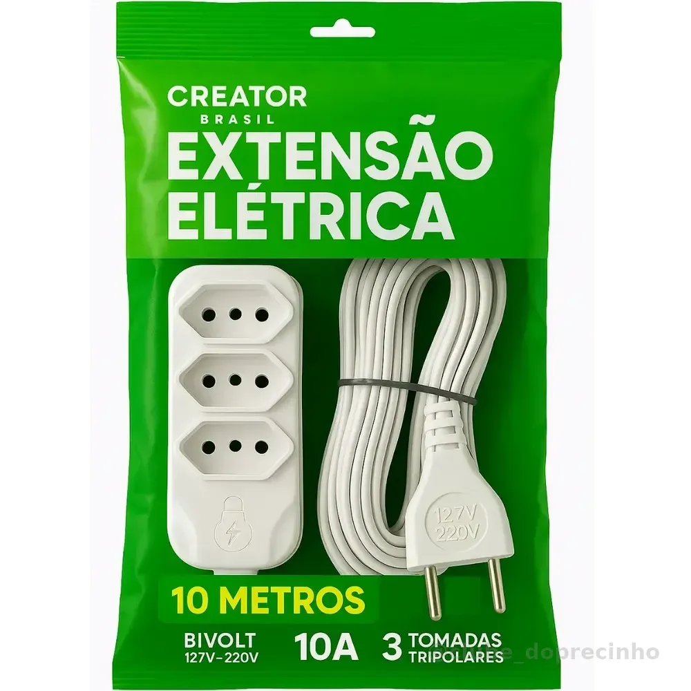 Extensão Elétrica 10 Metros Fio Grosso 3 Tomada 3 Pino Cor Branco Creator Brasil
