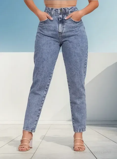 Calça Mom Jeans Feminina Cintura Alta Marmorizada