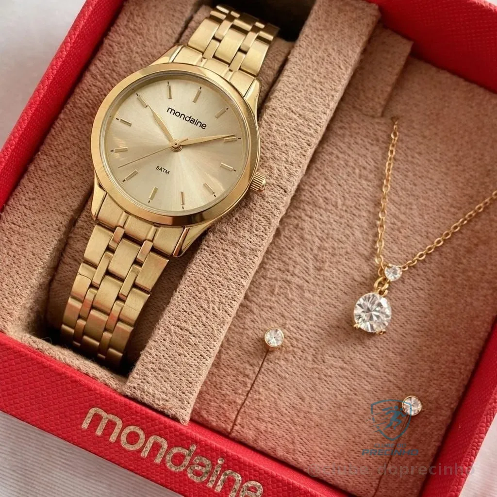 Kit Relógio Mondaine 32611lpmkde1k1 Dourado + Colar E Brincos