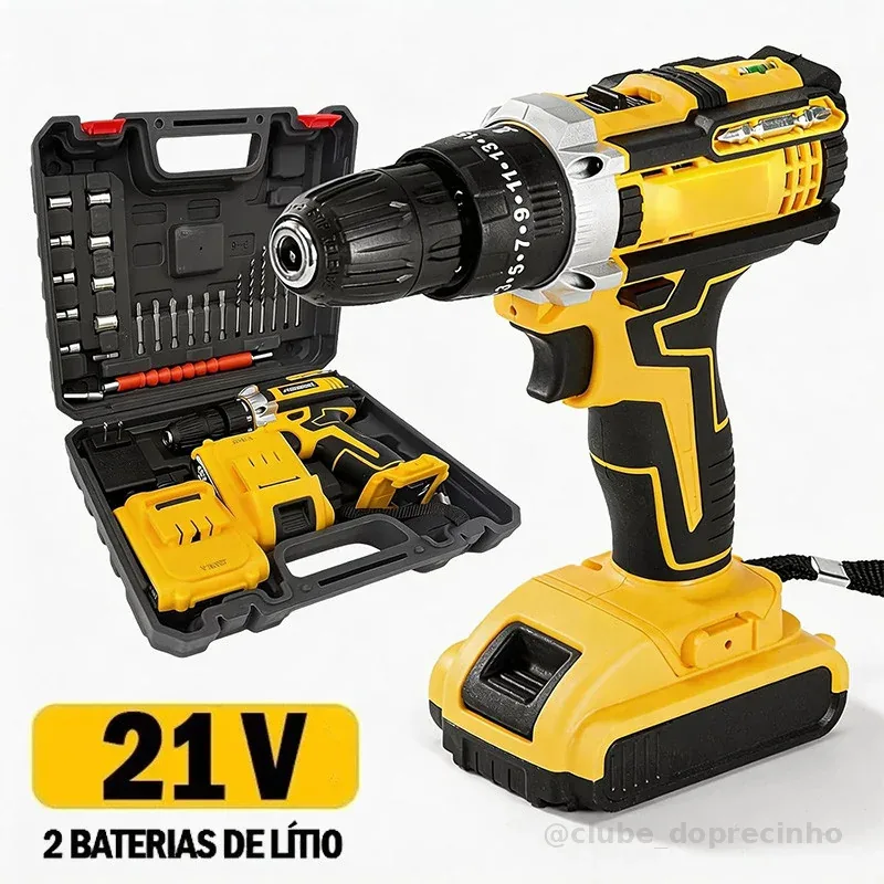 Furadeira Parafusadeira Sem Fio 21V 2 Baterias 2 Funções Impacto Maleta Completa Com Acessórios