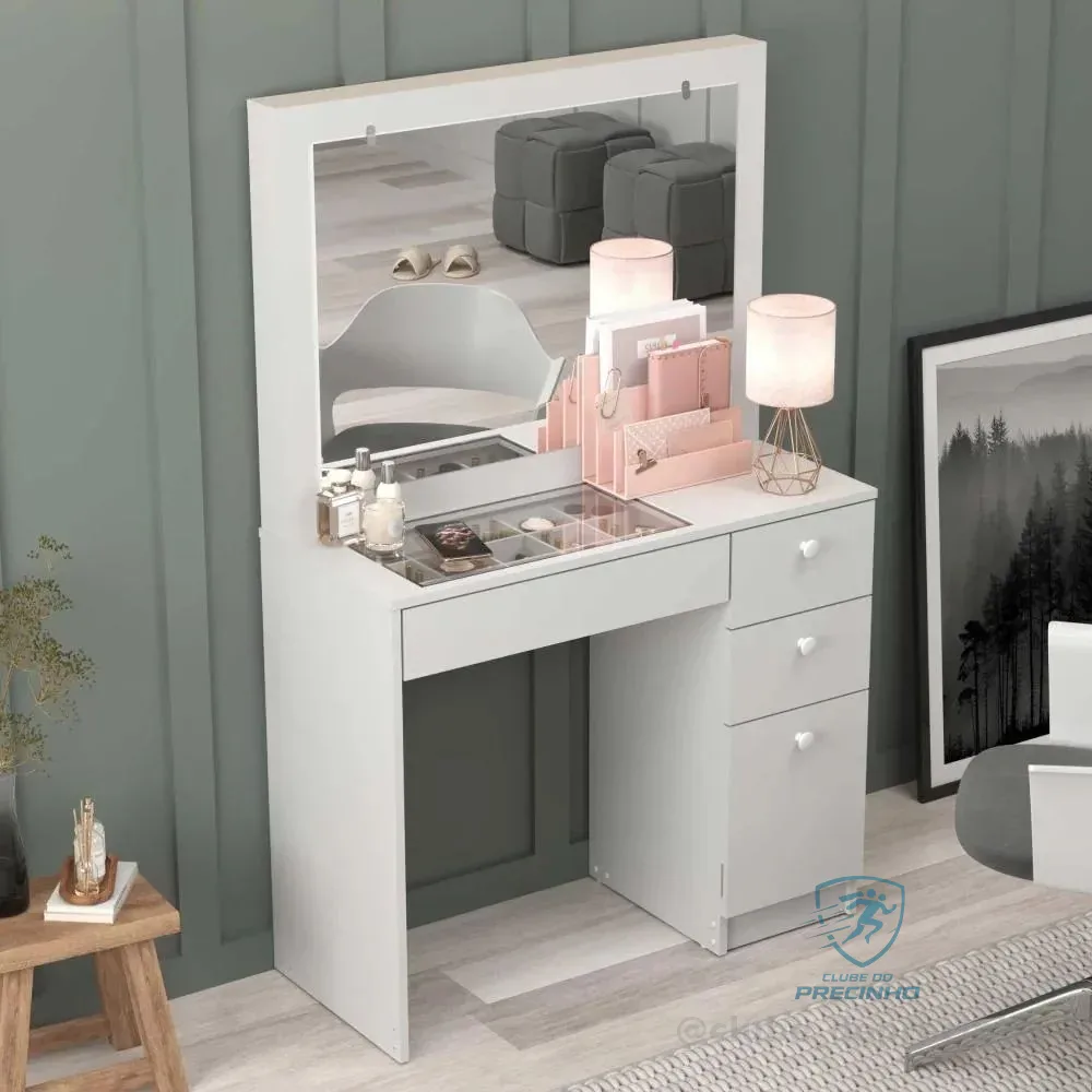Penteadeira Ditália 4 Gavetas C/tampo De Vidro Pe-120 Br Pt Branco