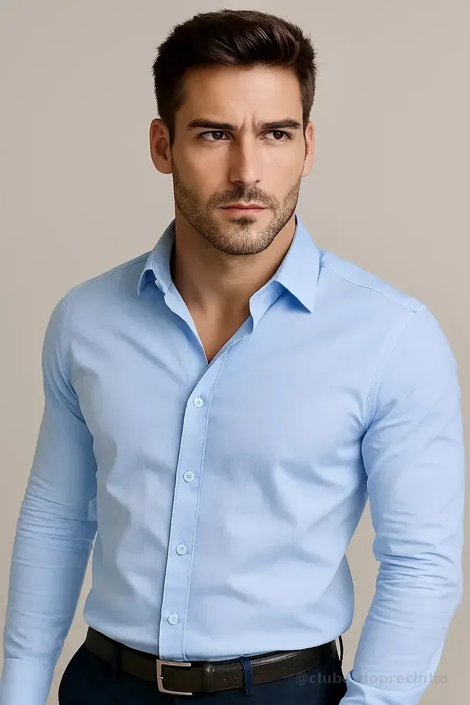 Camisa Social Masculina Slim Fit Luxo Pronta Entrega Azul-claro Liso Lisa G