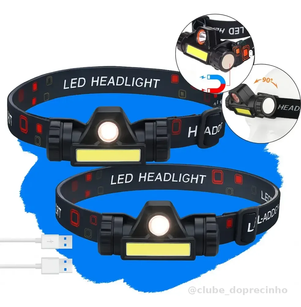 Kit com 2 Lanternas de Cabeça LED Recarregável USB para Camping e Pesca