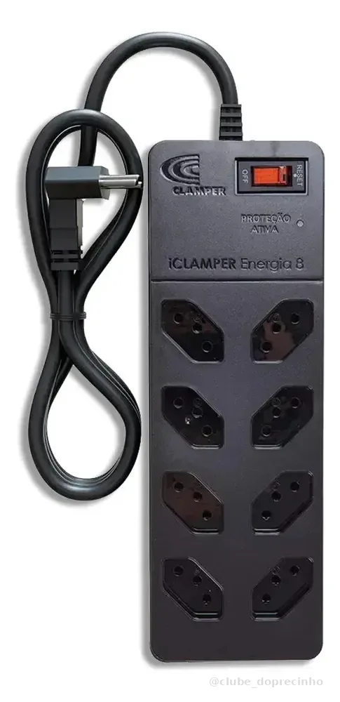 Filtro de Linha com Protetor de Surto DPS iCLAMPER Energia 8 Tomadas 3 Pinos 10 Amperes com Tecnologia LCF Anti Raio Cor Preto