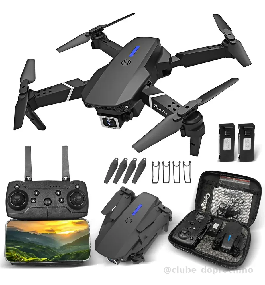 Mini Drone E88 Pro Com Câmera Dupla Wifi Com Case 2 Baterias + SCORELL Mini Controle Remoto Drone 2.4 Ghz