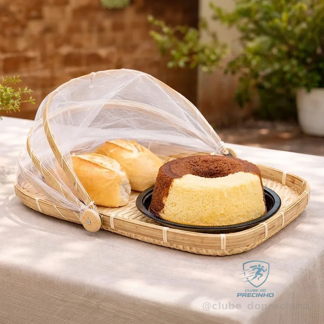 Cesto Porta Pão Bolo Bambu Cobertura Retrátil Retangular  Geométrico