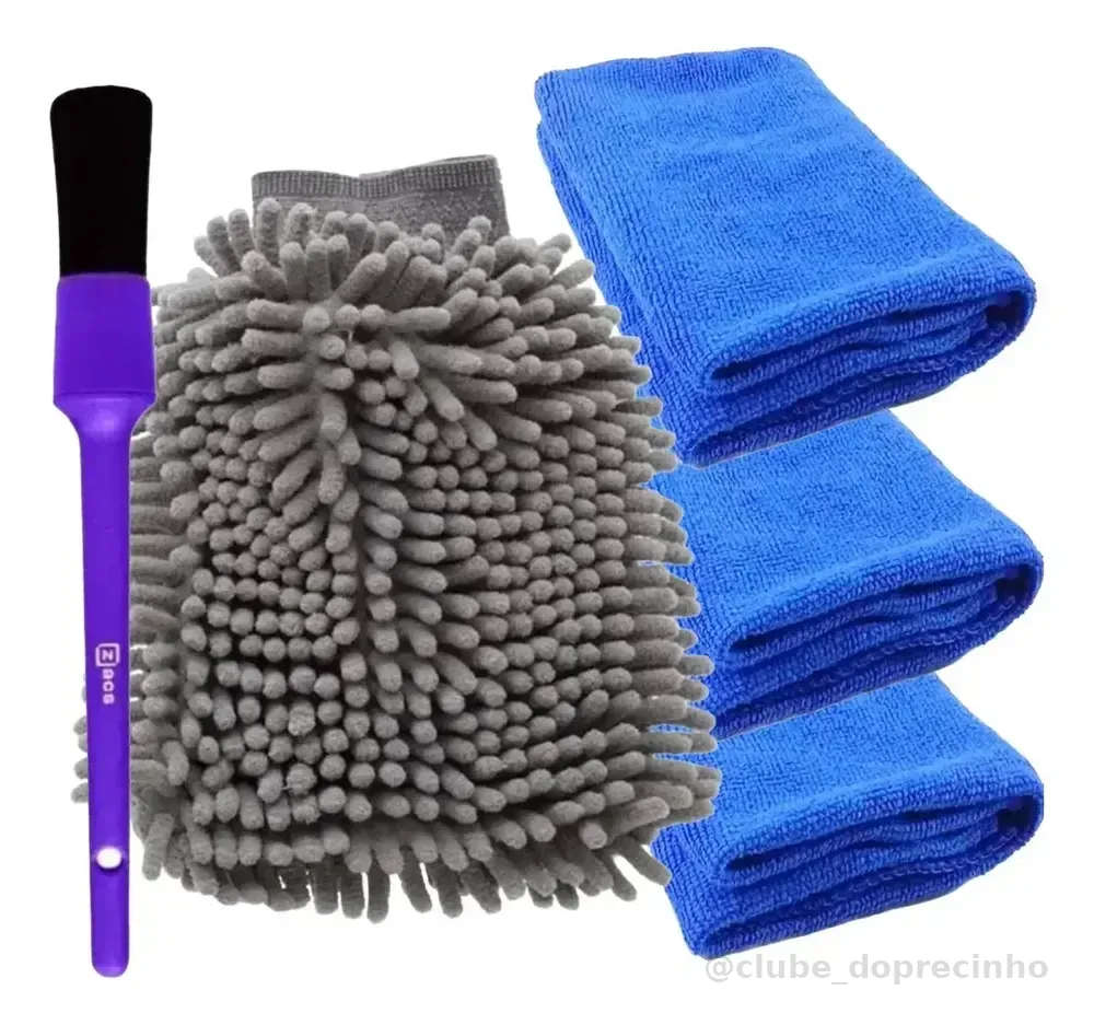 Kit 3 Panos de Microfibra e Luva Detailer + Pincel Externo Zacs de Detalhamento Automotivo