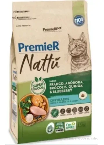 Ração Seca Premier Nattu Super Premium para Gatos Castrados, Sabor Frango e Abóbora, 7.5 Kg