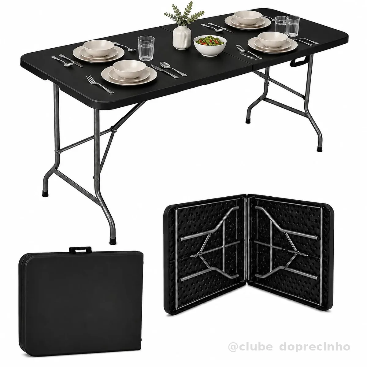 Mesa Dobrável Portátil Preta 1,80m Tipo Maleta até 150kg