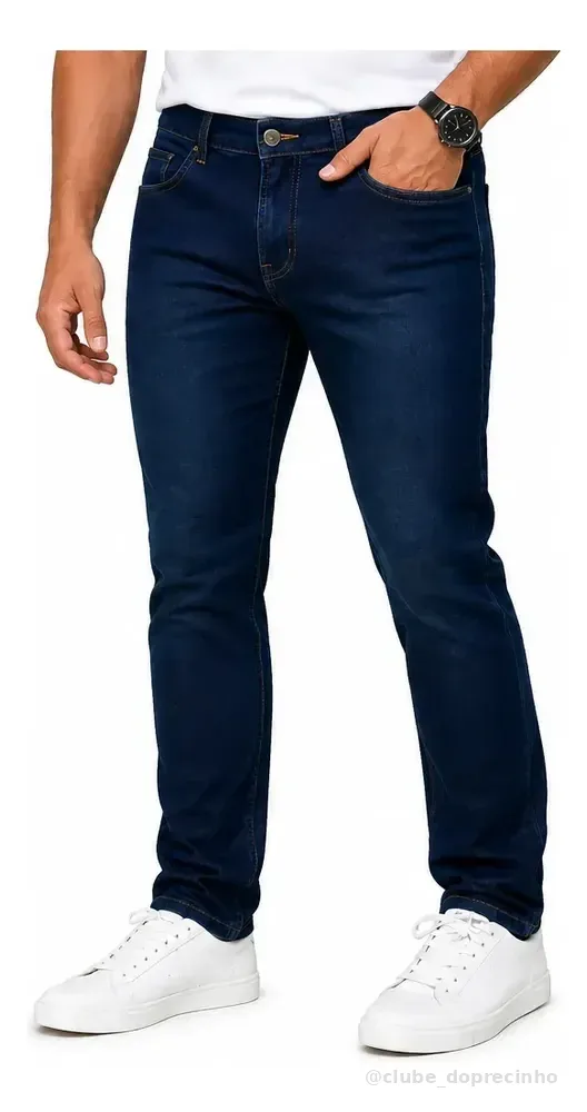 Calça Jeans Masculina Basica Tradicional Premium Lycra Azul Liso 46