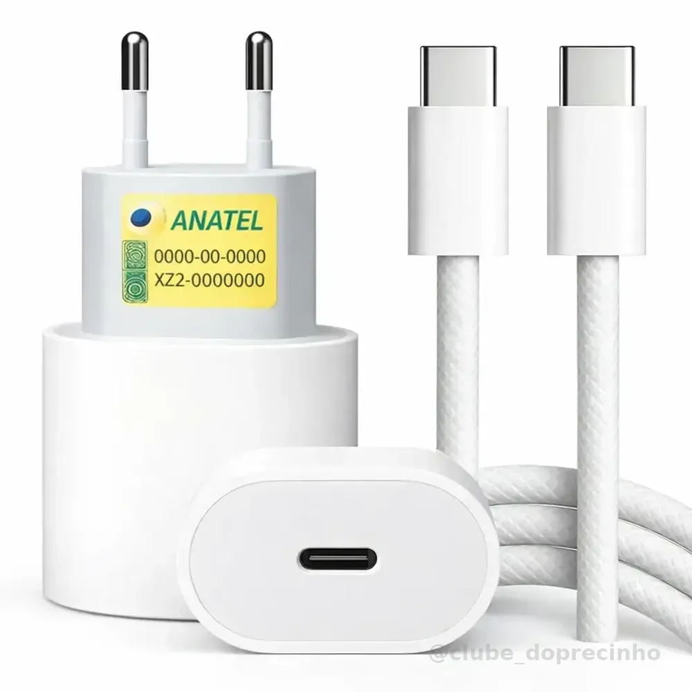 Carregador Turbo Usb-c Com Cabo Tipo C 1 Metro Trançado Branco Fonte De Carregamento Turbo, Alta Potência, Seguro E Compatível Com Iphone 15 16 17, Android Eletric Teck