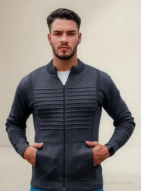 Jaqueta Masculina Blusa De Frio Malha Grossa Ziper E Bolso