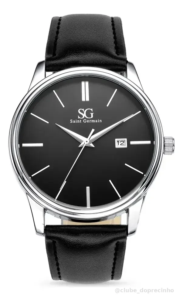 Relógio Masculino Preto Prata Saint Germain Couro 42mm Preto Prateado